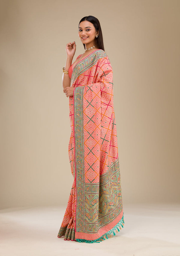 Peach Threadwork Soft Silk Saree-Koskii