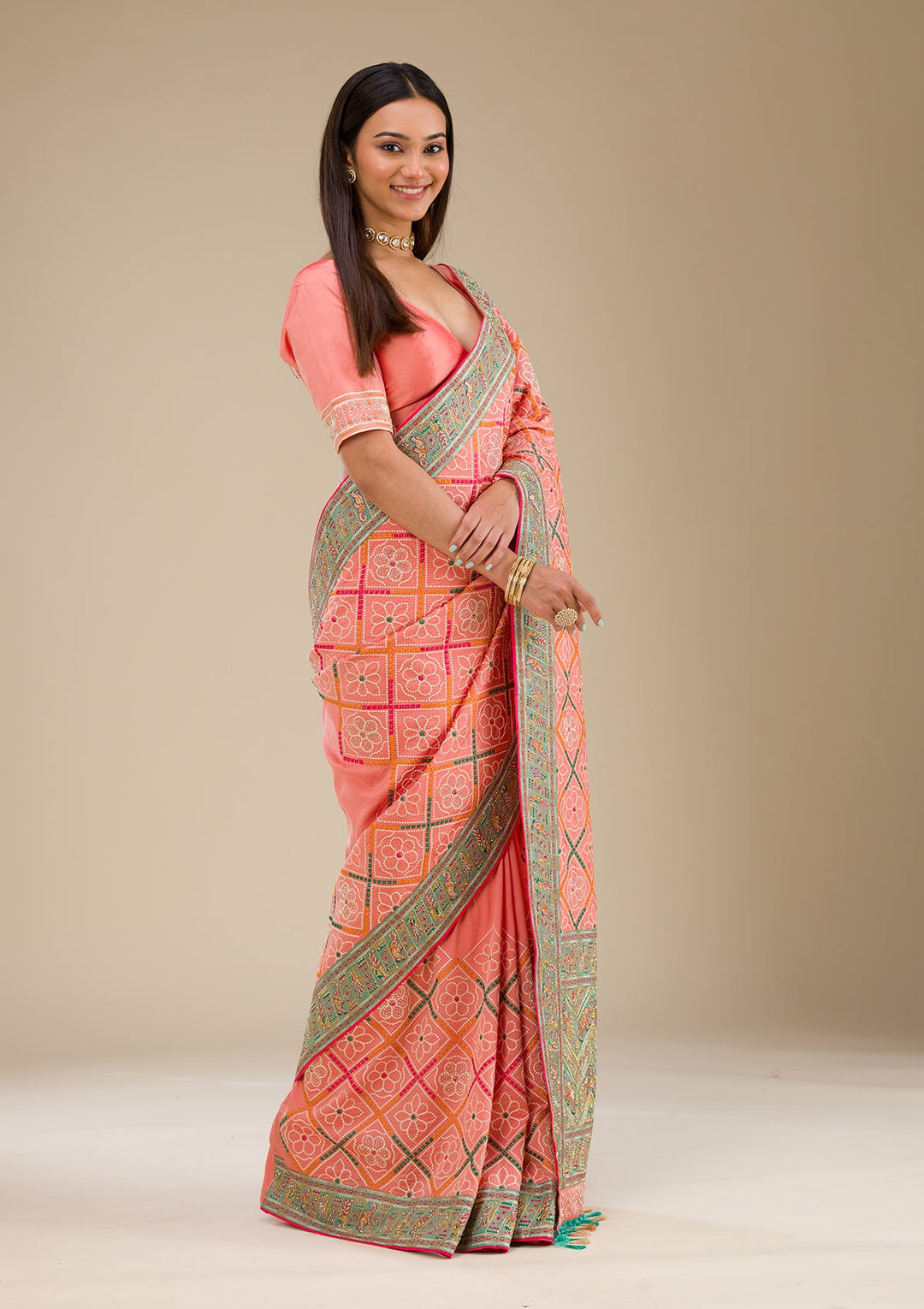 Peach Threadwork Soft Silk Saree-Koskii
