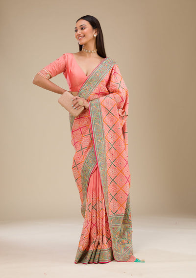 Peach Threadwork Soft Silk Saree-Koskii