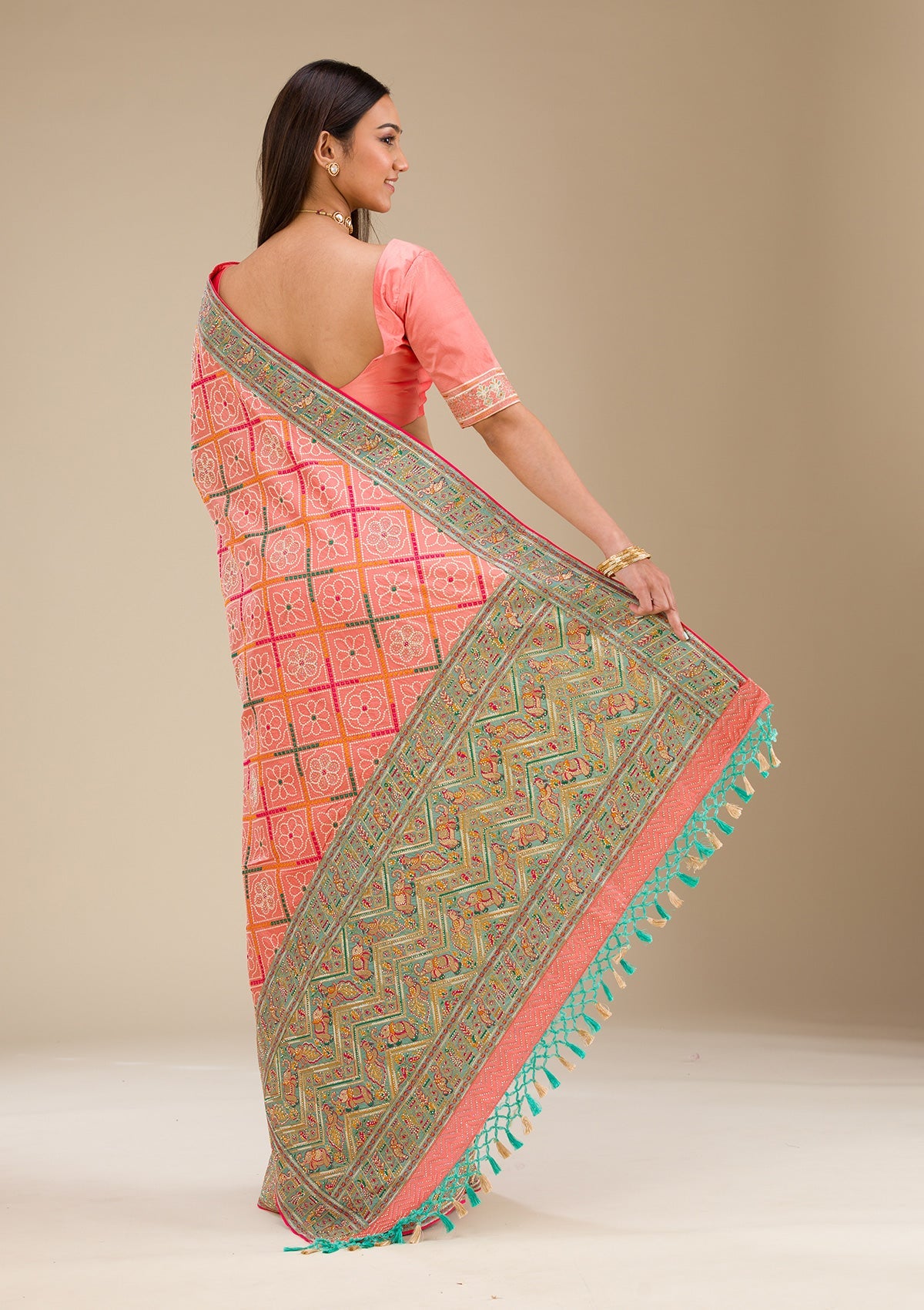 Peach Threadwork Soft Silk Saree-Koskii