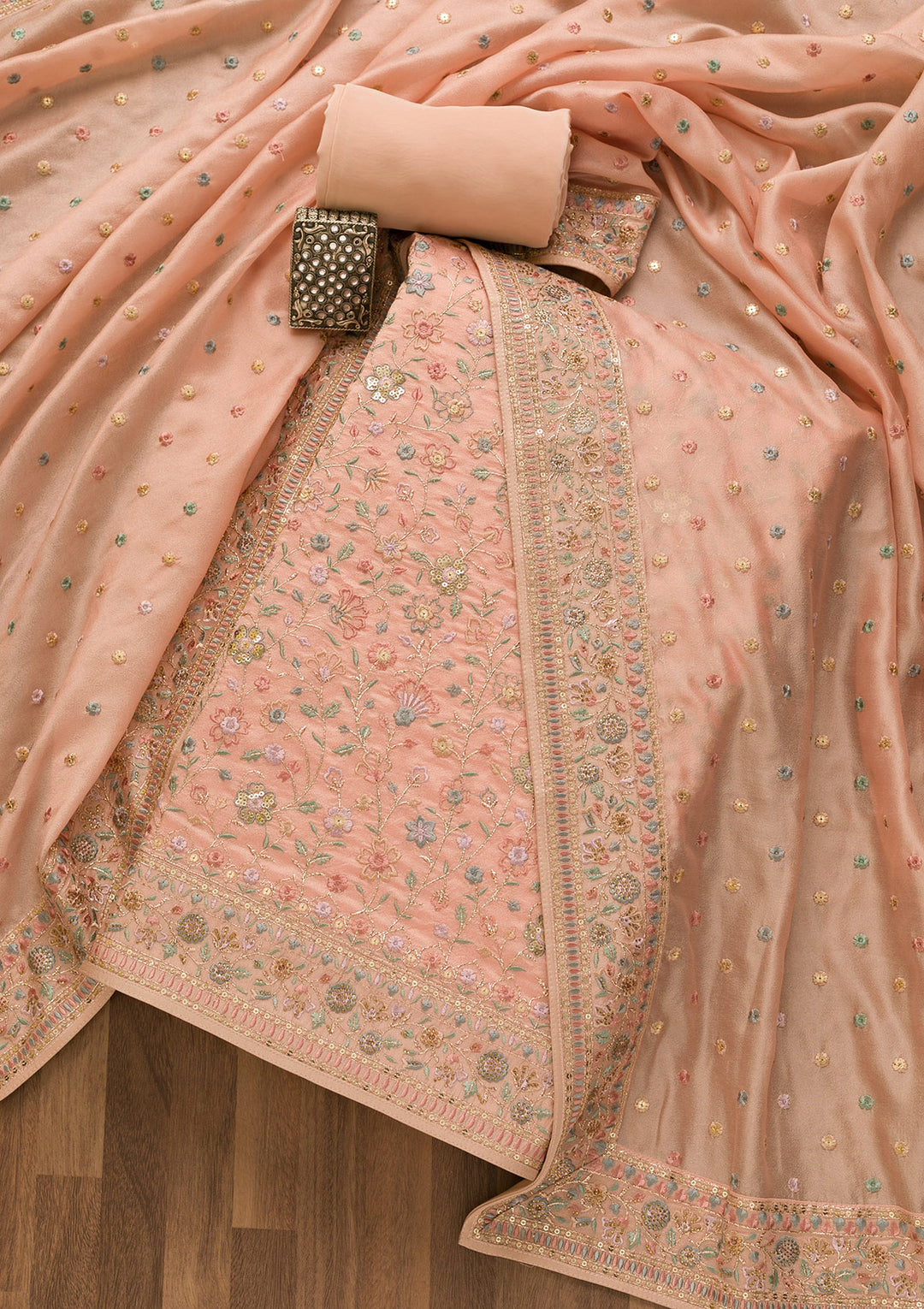 Peach Threadwork Crepe Unstitched Salwar Kameez-Koskii