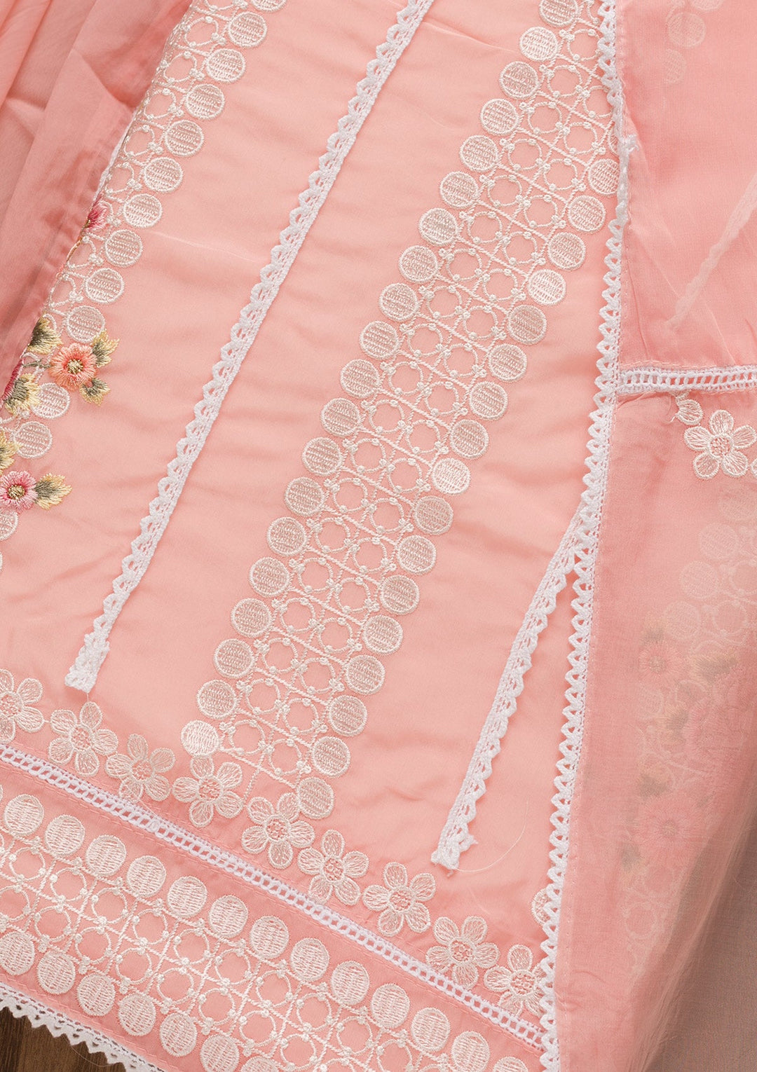 Peach Threadwork Tissue Unstitched Salwar Suit-Koskii