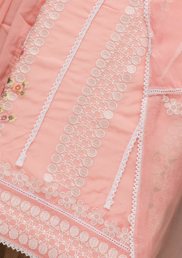Peach Threadwork Tissue Unstitched Salwar Suit-Koskii