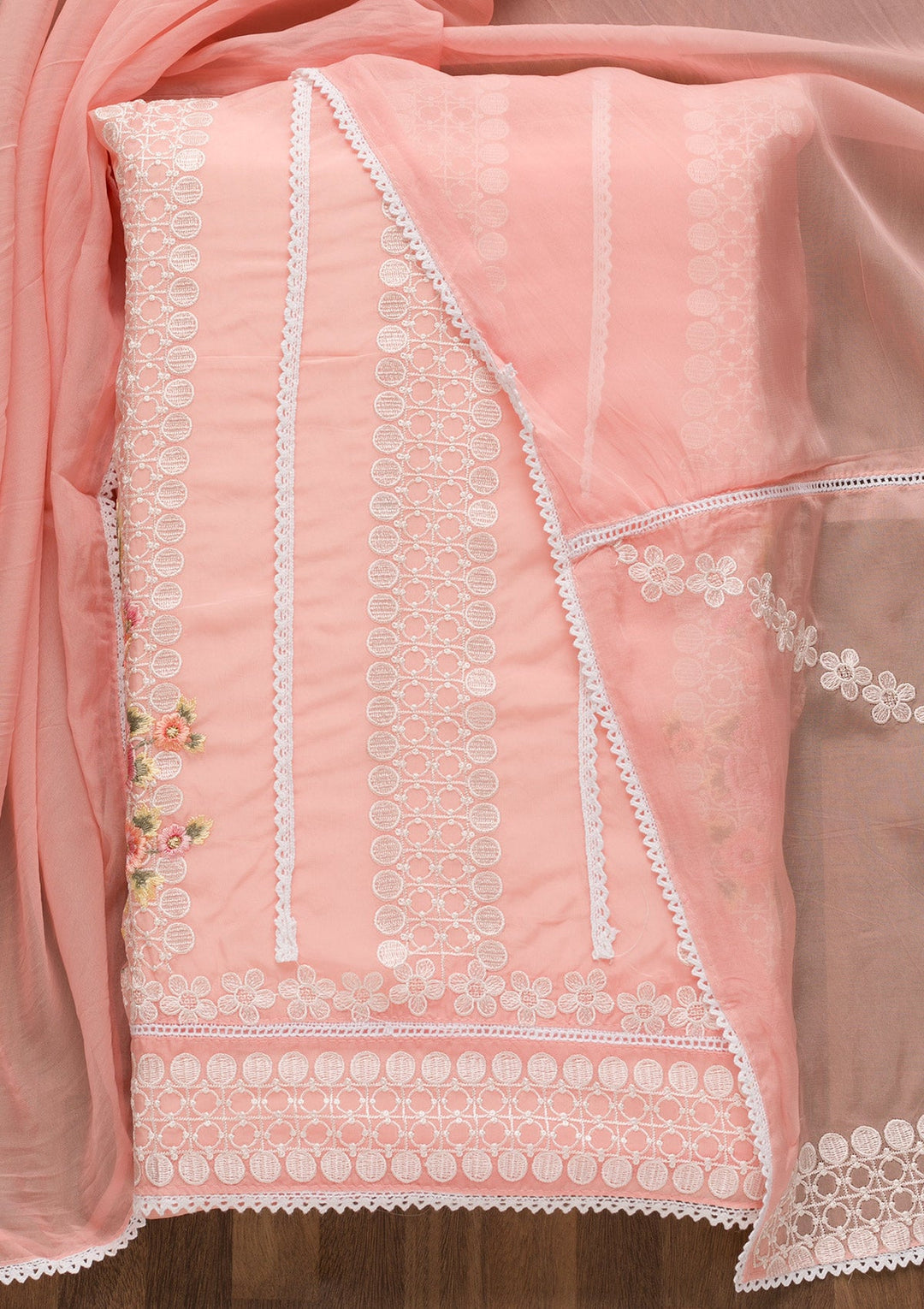 Peach Threadwork Tissue Unstitched Salwar Suit-Koskii