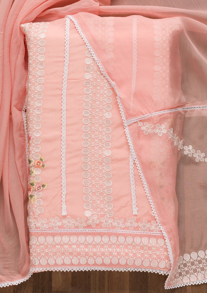Peach Threadwork Tissue Unstitched Salwar Suit-Koskii