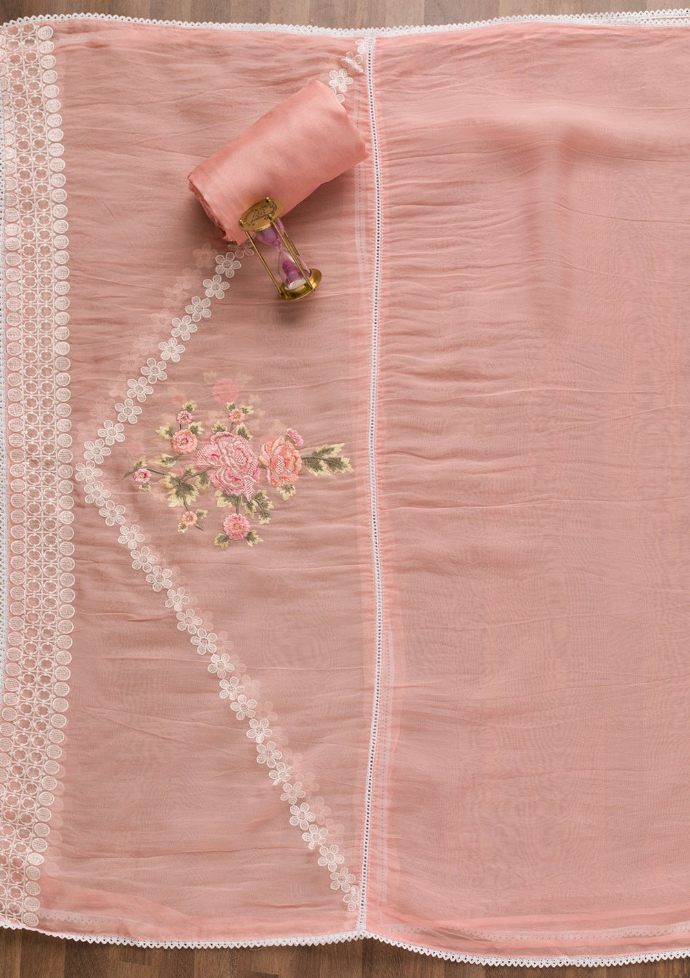 Peach Threadwork Tissue Unstitched Salwar Suit-Koskii