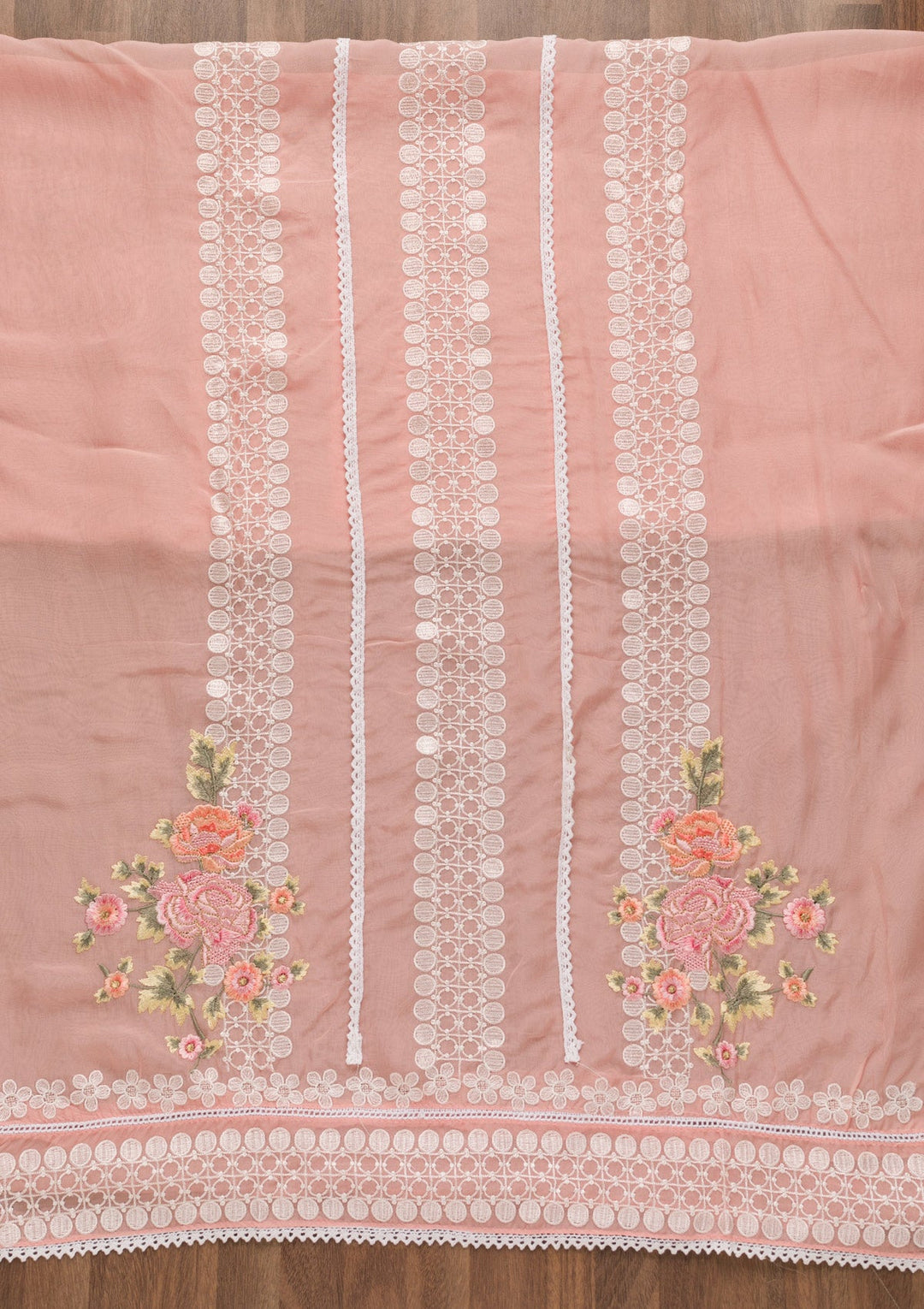 Peach Threadwork Tissue Unstitched Salwar Suit-Koskii