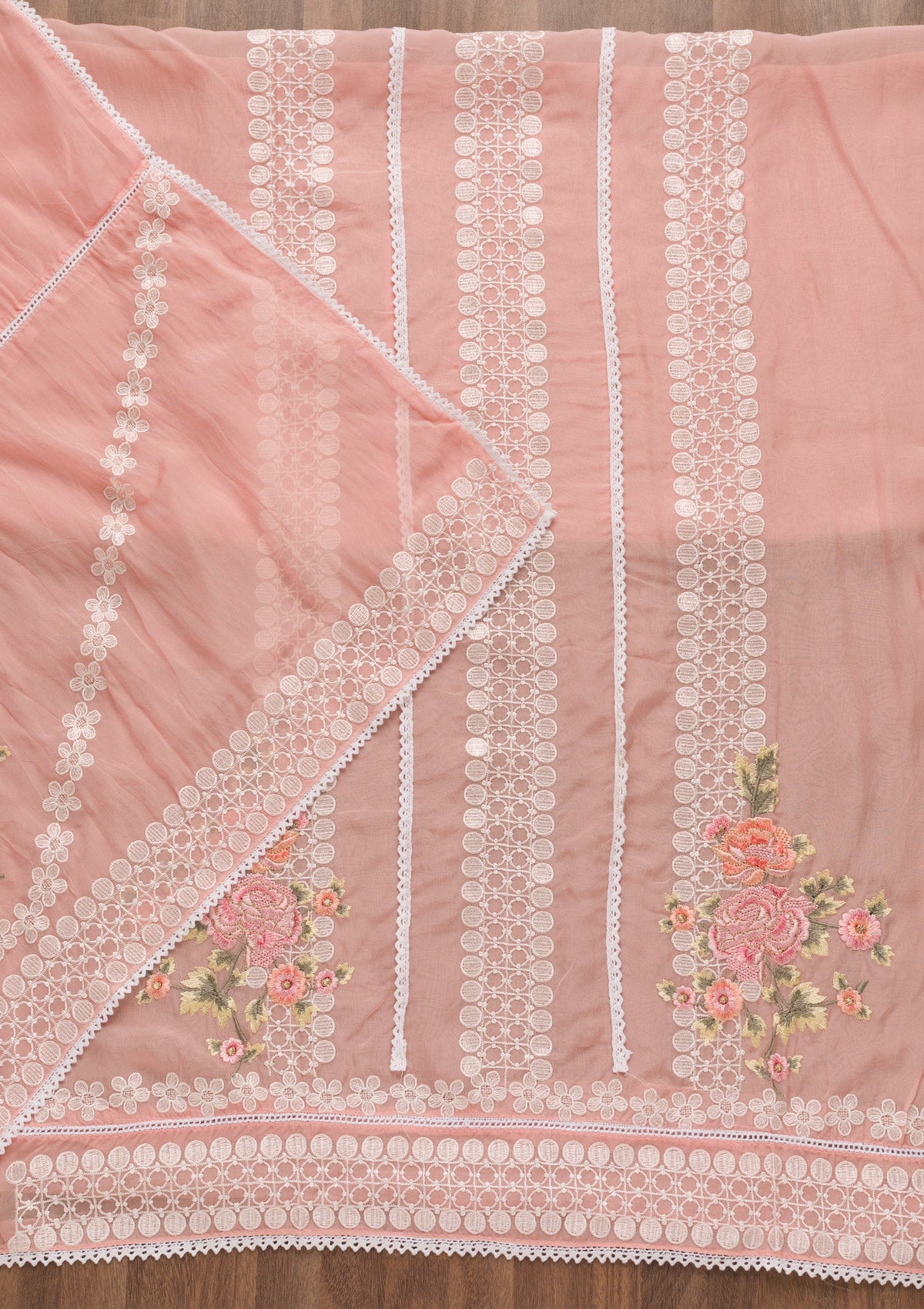 Peach Threadwork Tissue Unstitched Salwar Suit-Koskii