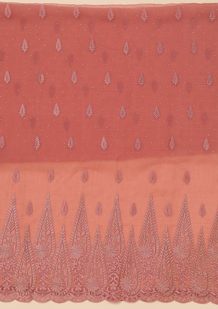 Peach Threadwork Tissue Unstitched Salwar Suit-Koskii
