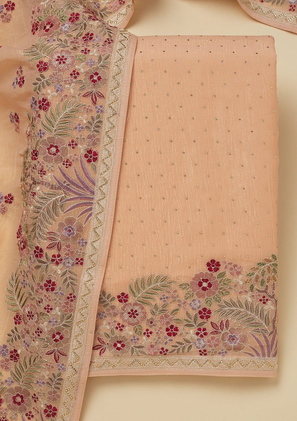 Peach Threadwork Tissue Unstitched Salwar Suit-Koskii