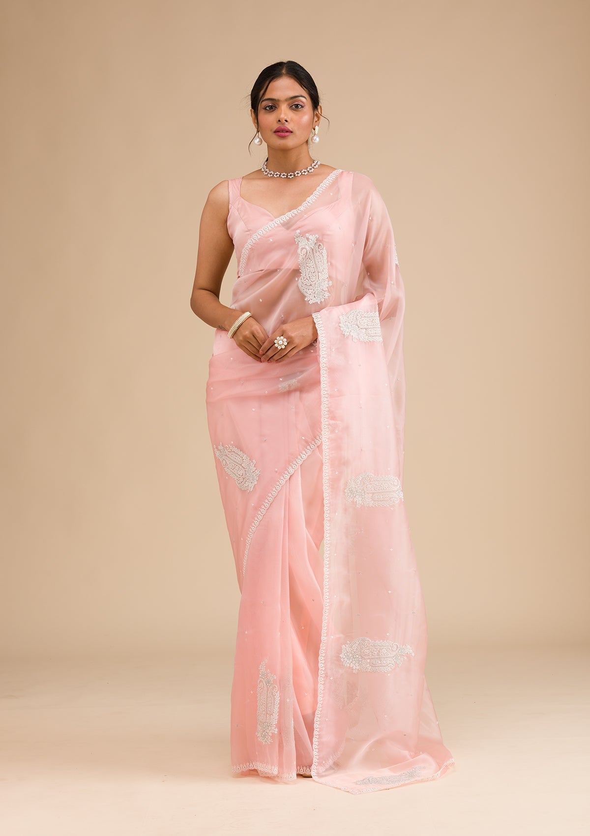 Peach Threadwork Tissue Saree-Koskii