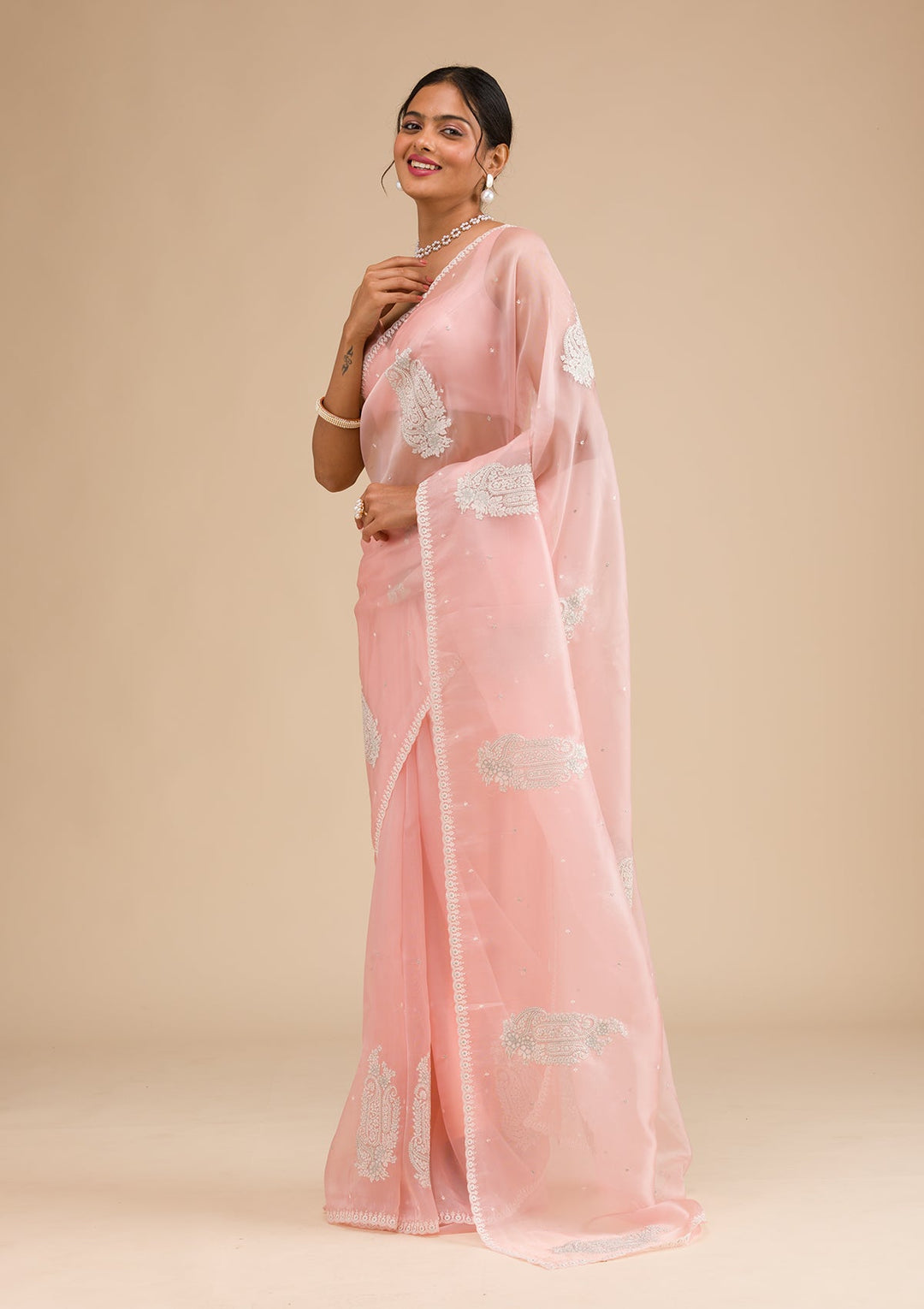 Peach Threadwork Tissue Saree-Koskii