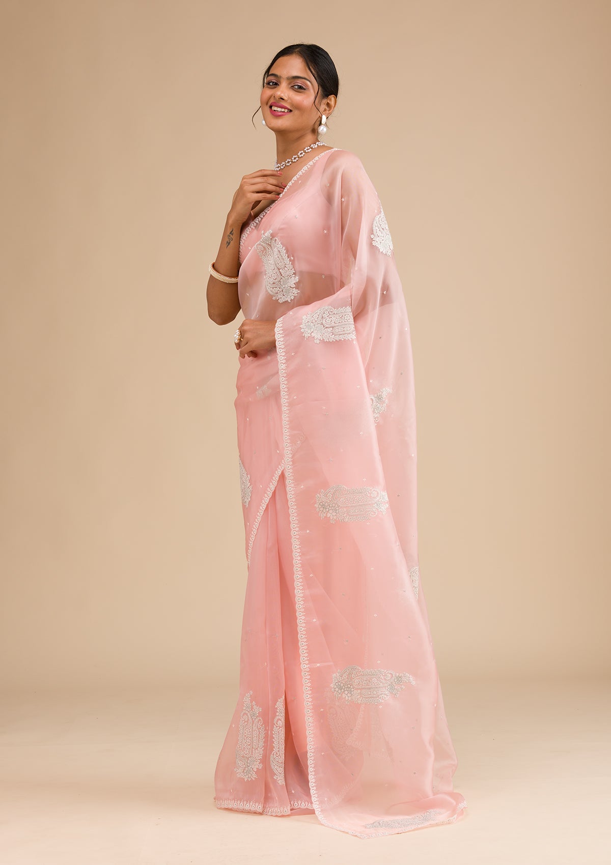 Peach Threadwork Tissue Saree-Koskii