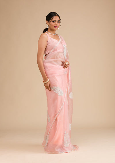 Peach Threadwork Tissue Saree-Koskii