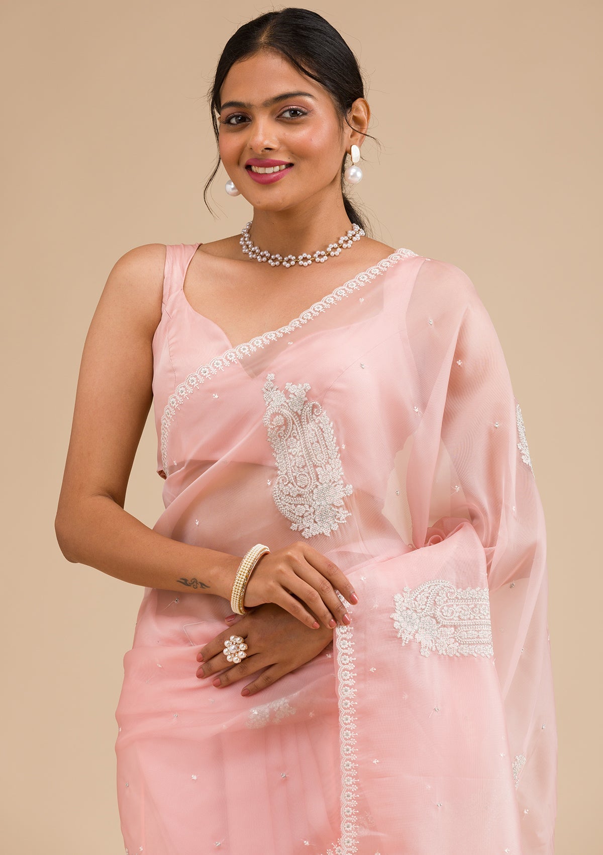 Peach Threadwork Tissue Saree-Koskii