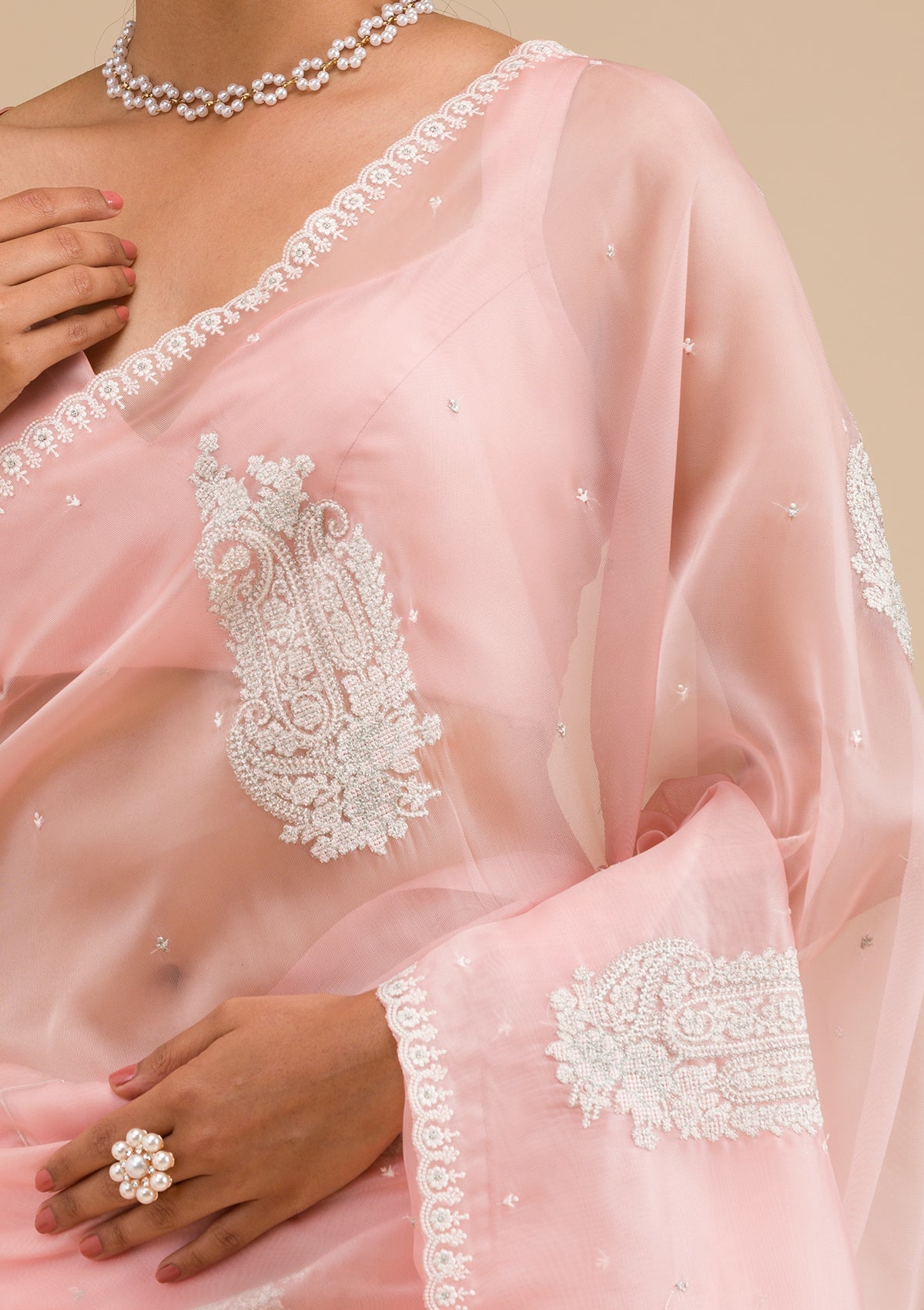 Peach Threadwork Tissue Saree-Koskii