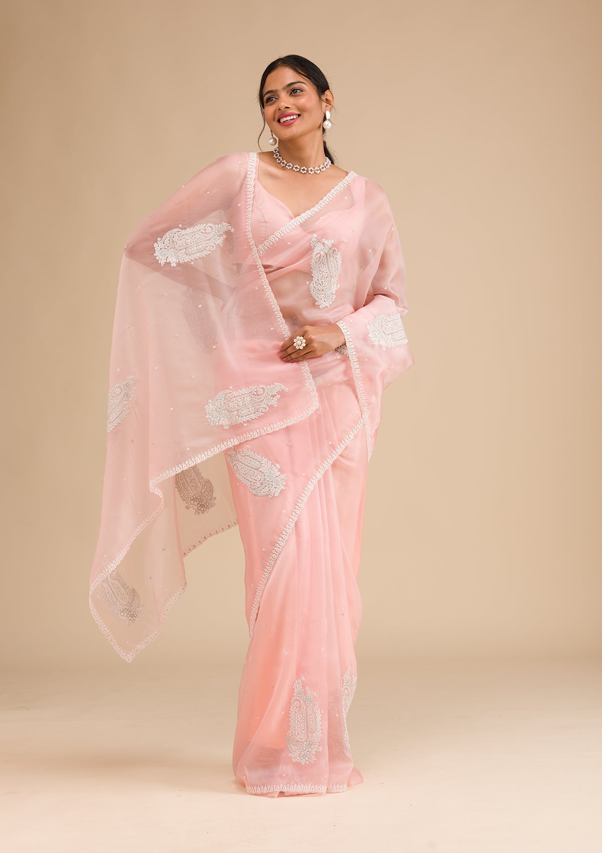 Peach Threadwork Tissue Saree-Koskii