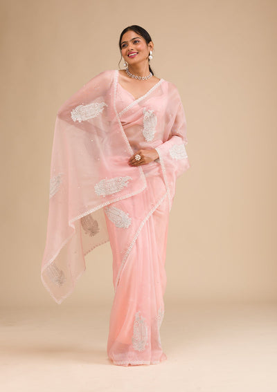 Peach Threadwork Tissue Saree-Koskii