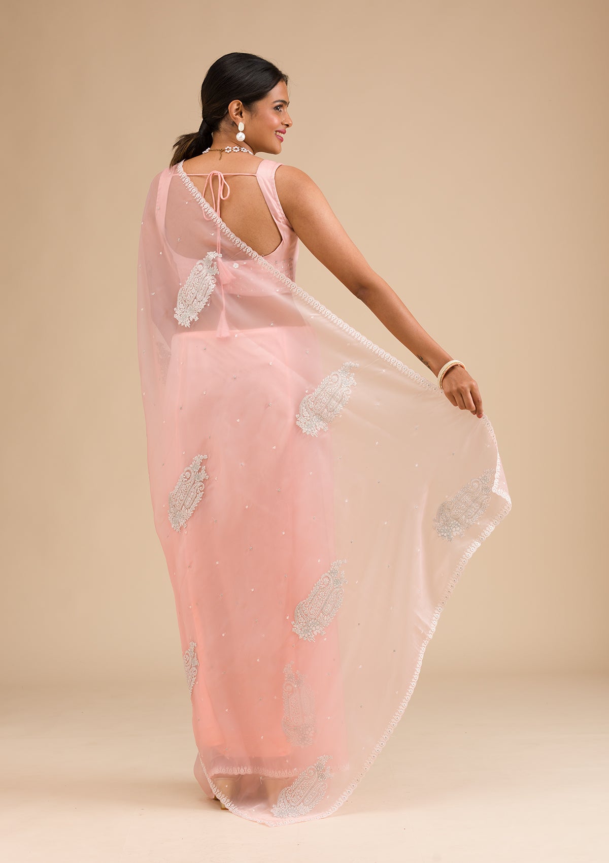 Peach Threadwork Tissue Saree-Koskii