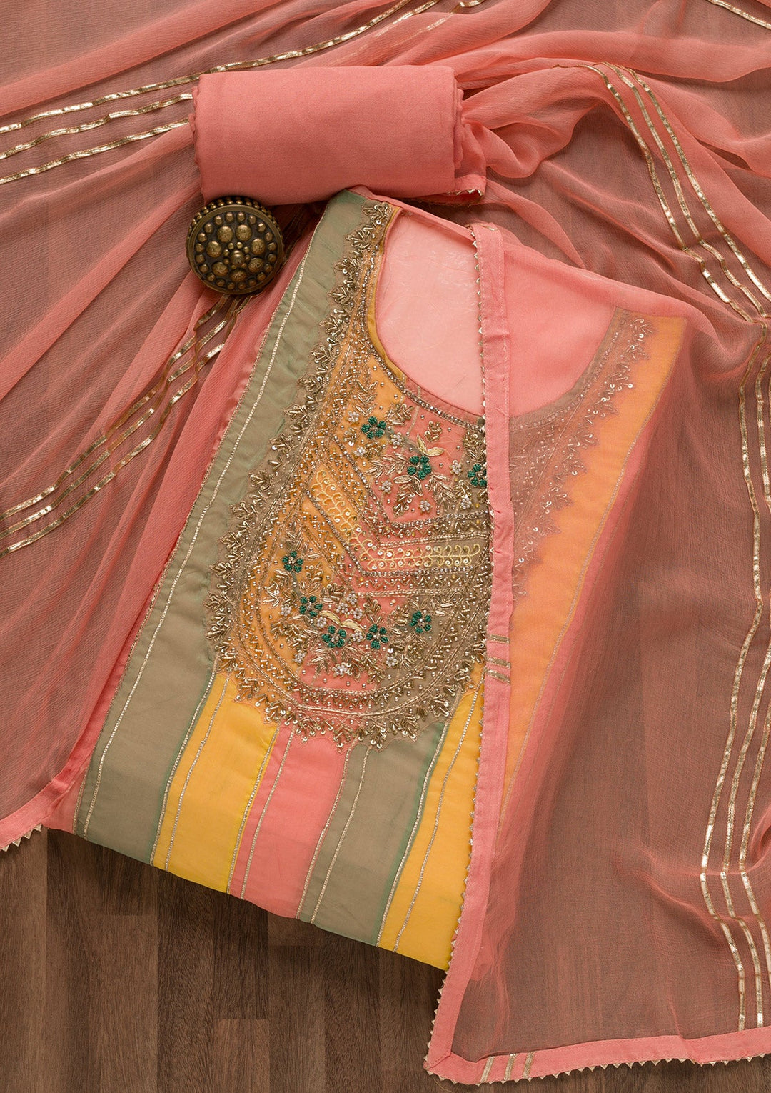 Peach Zardosi Organza Unstitched Salwar Suit-Koskii