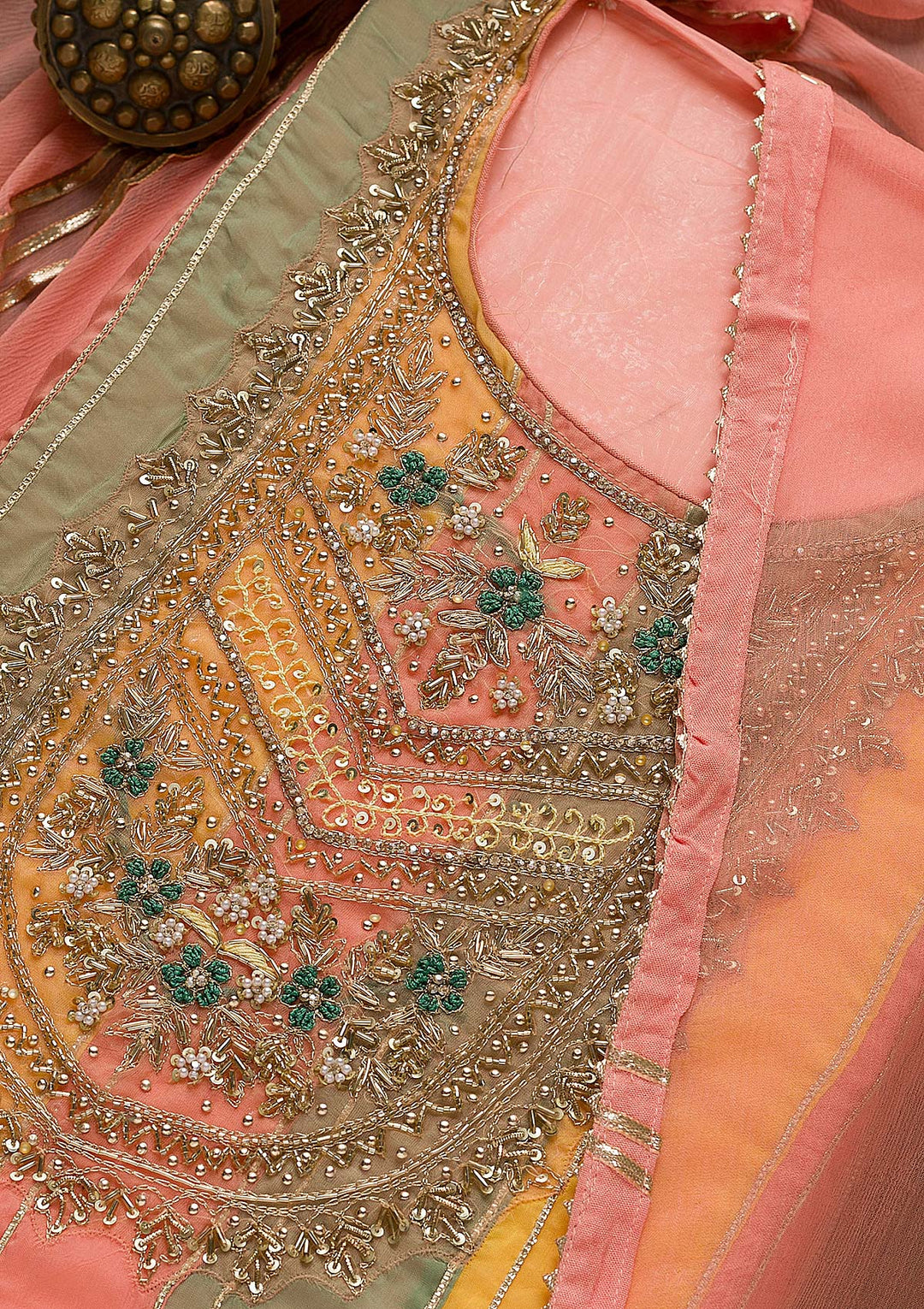 Peach Zardosi Organza Unstitched Salwar Suit-Koskii
