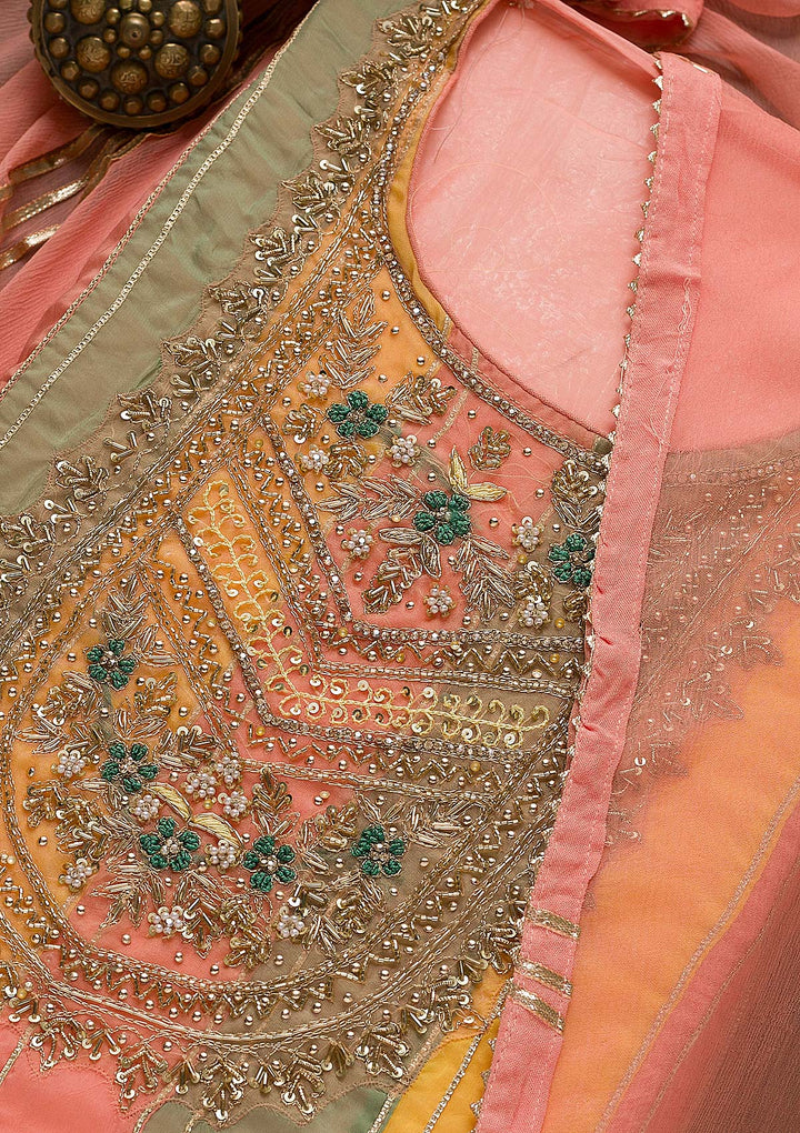 Peach Zardosi Organza Unstitched Salwar Suit-Koskii