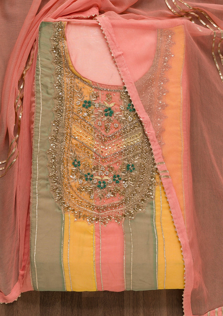 Peach Zardosi Organza Unstitched Salwar Suit-Koskii