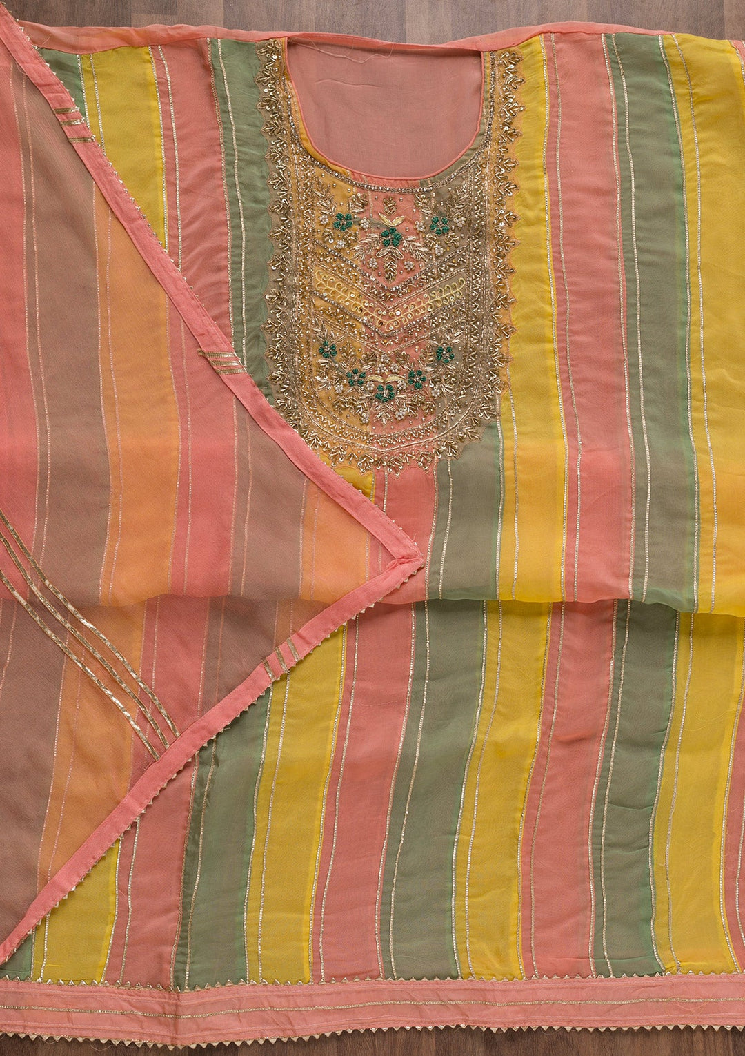 Peach Zardosi Organza Unstitched Salwar Suit-Koskii