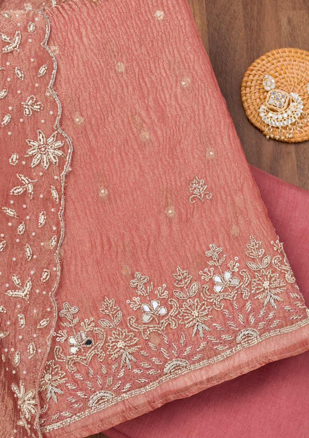 Peach Zardosi Tissue Unstitched Salwar Suit-Koskii