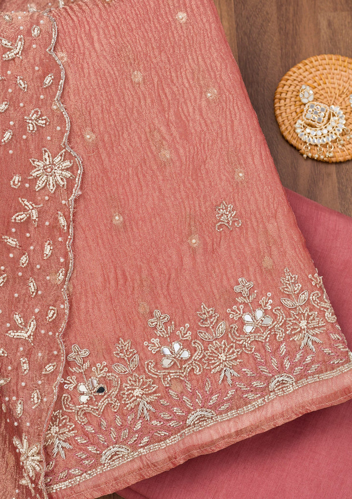 Peach Zardosi Tissue Unstitched Salwar Suit-Koskii
