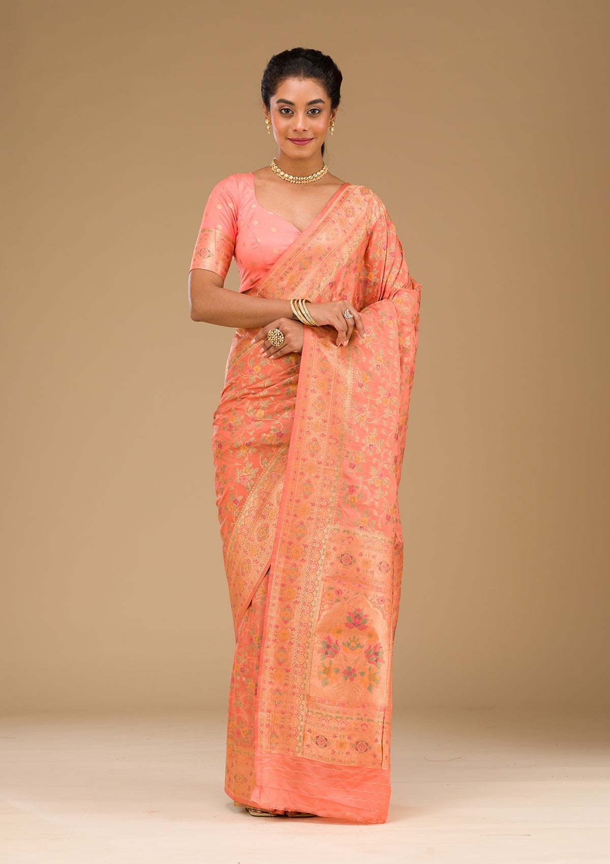 Peach Zariwork Art Silk Saree-Koskii