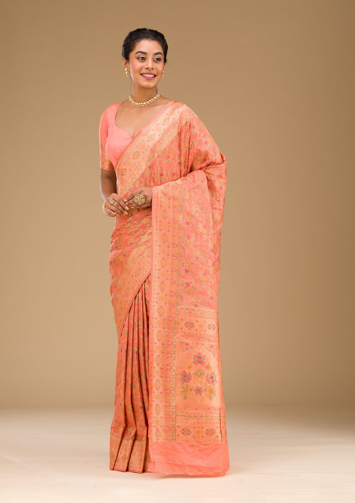 Peach Zariwork Art Silk Saree-Koskii