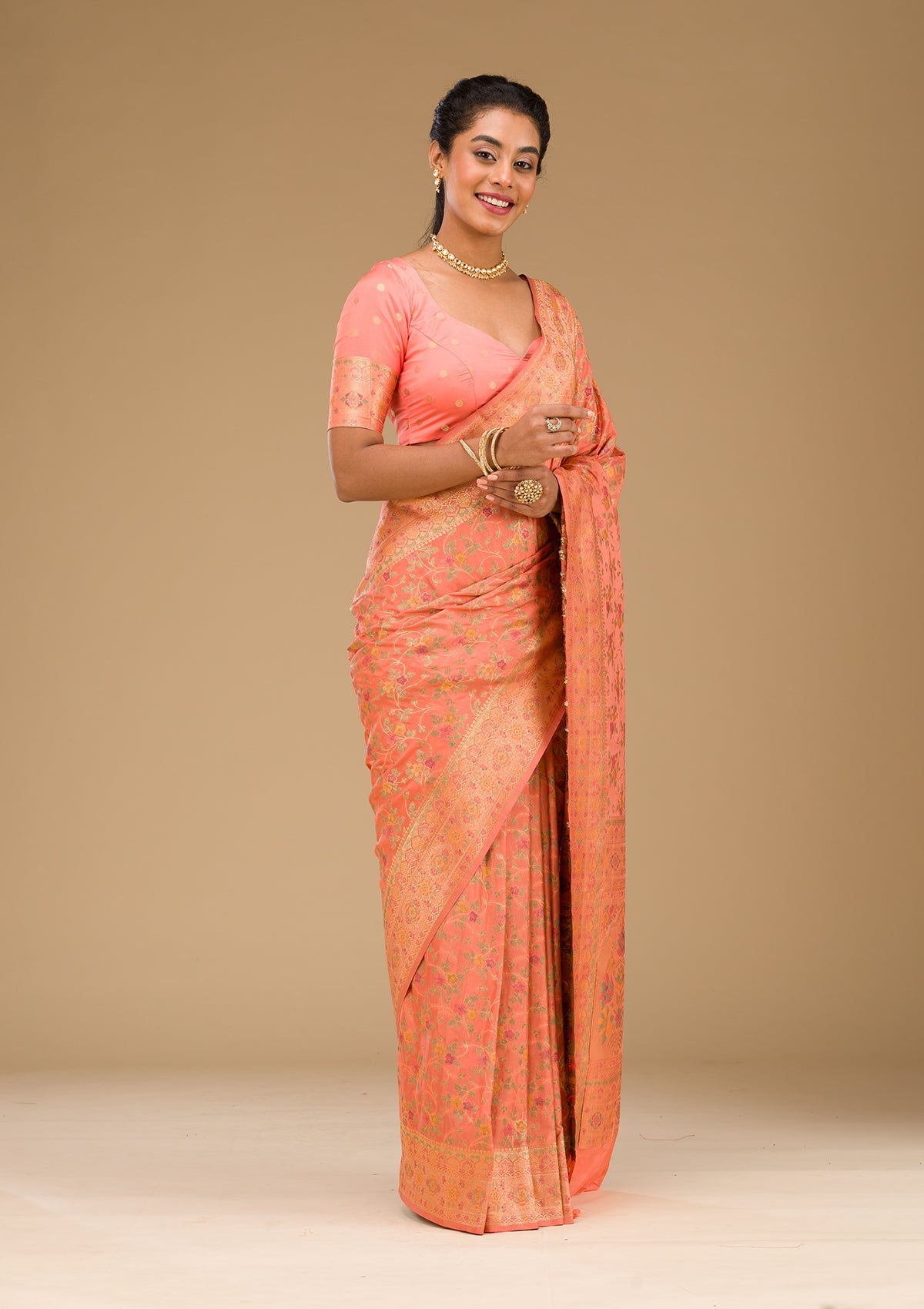 Peach Zariwork Art Silk Saree-Koskii