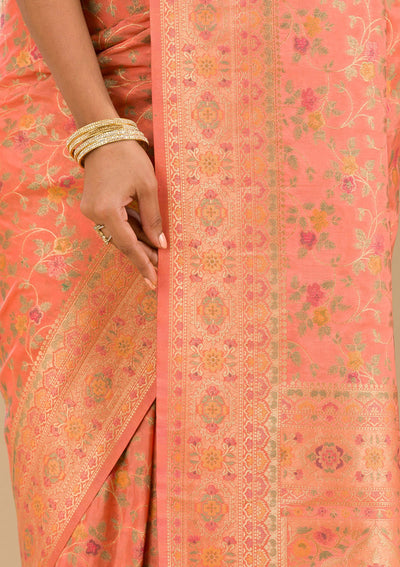 Peach Zariwork Art Silk Saree-Koskii