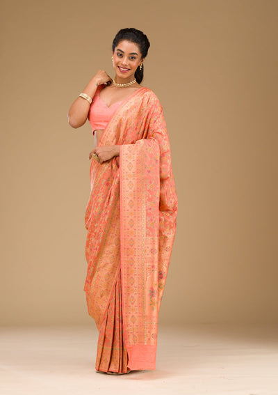 Peach Zariwork Art Silk Saree-Koskii