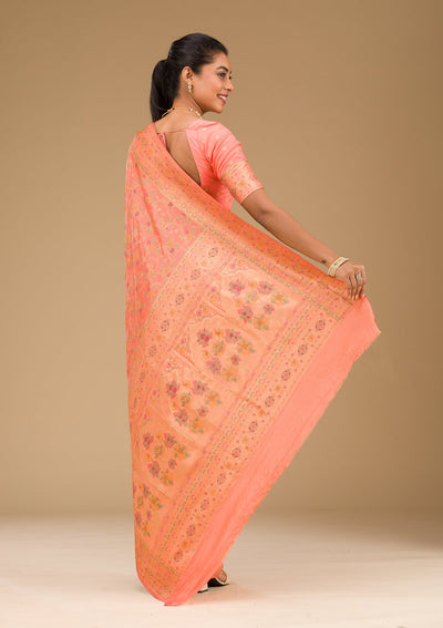 Peach Zariwork Art Silk Saree-Koskii