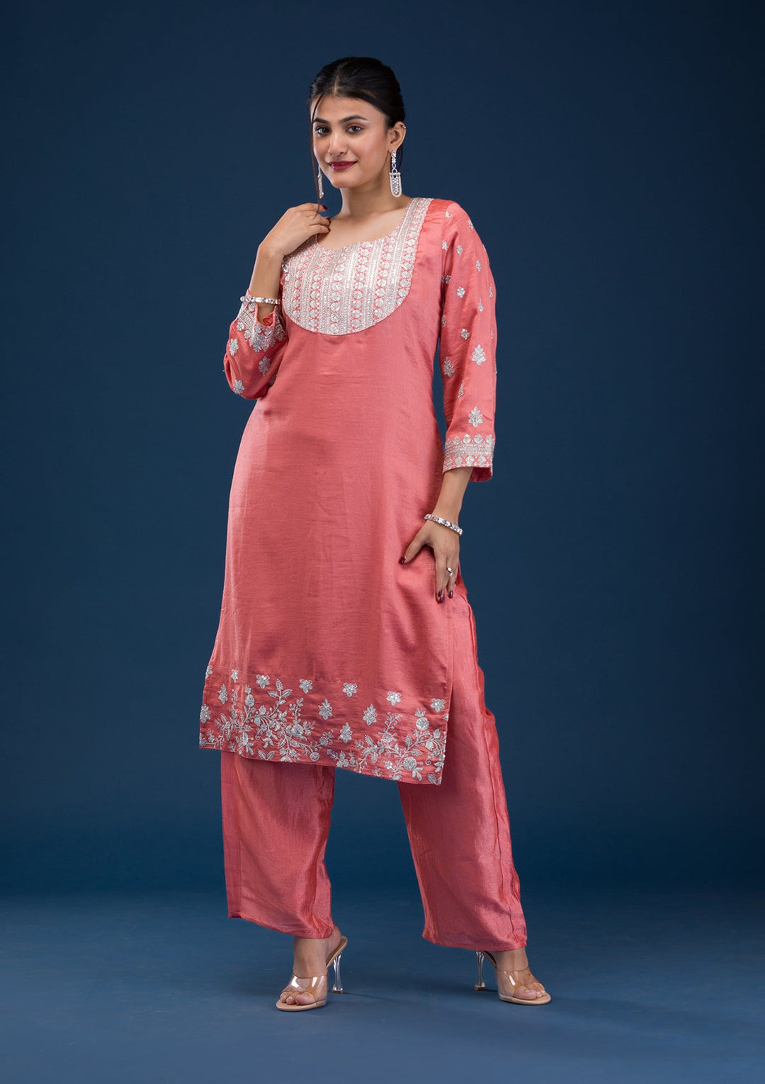 Peach Zariwork Art Silk Readymade Salwar Suit-Koskii