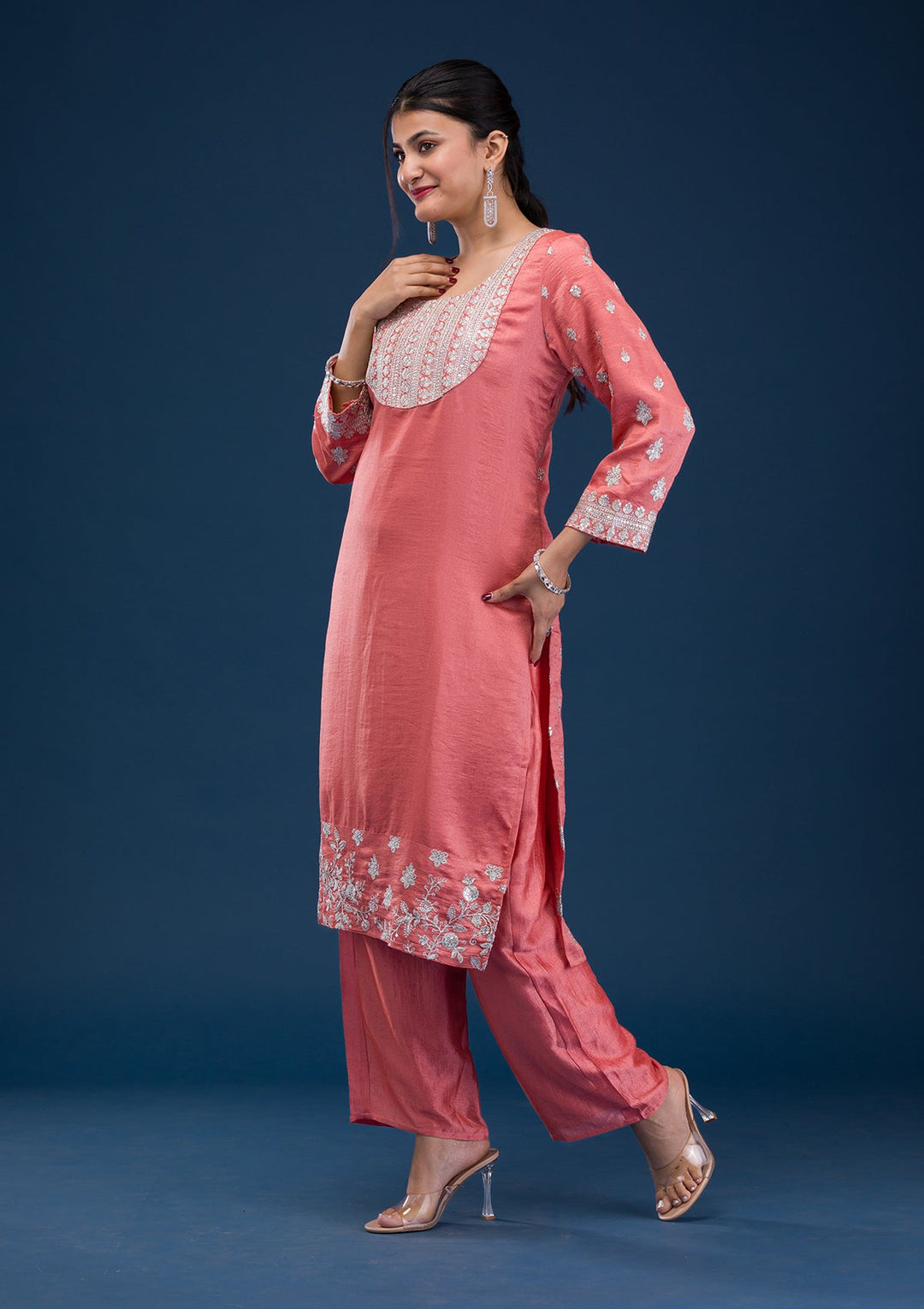 Peach Zariwork Art Silk Readymade Salwar Suit-Koskii