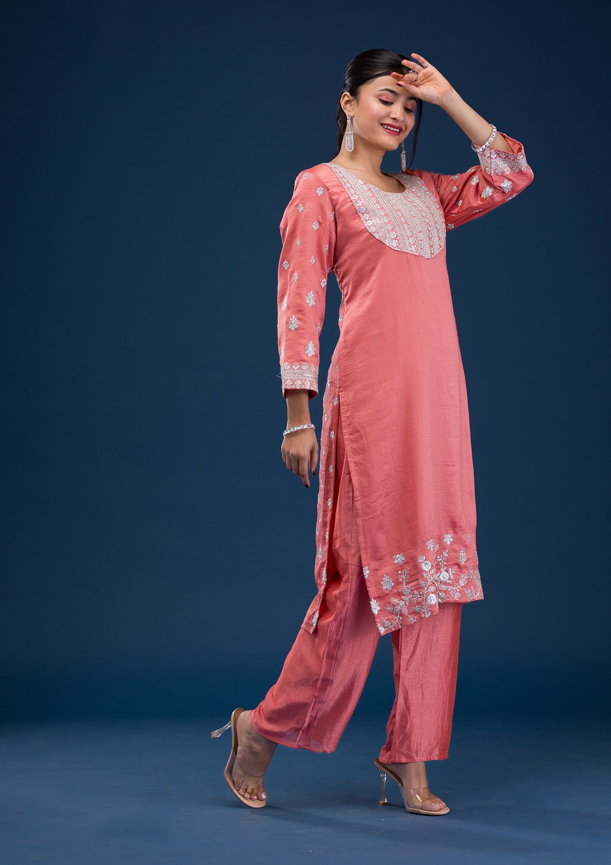 Peach Zariwork Art Silk Readymade Salwar Suit-Koskii