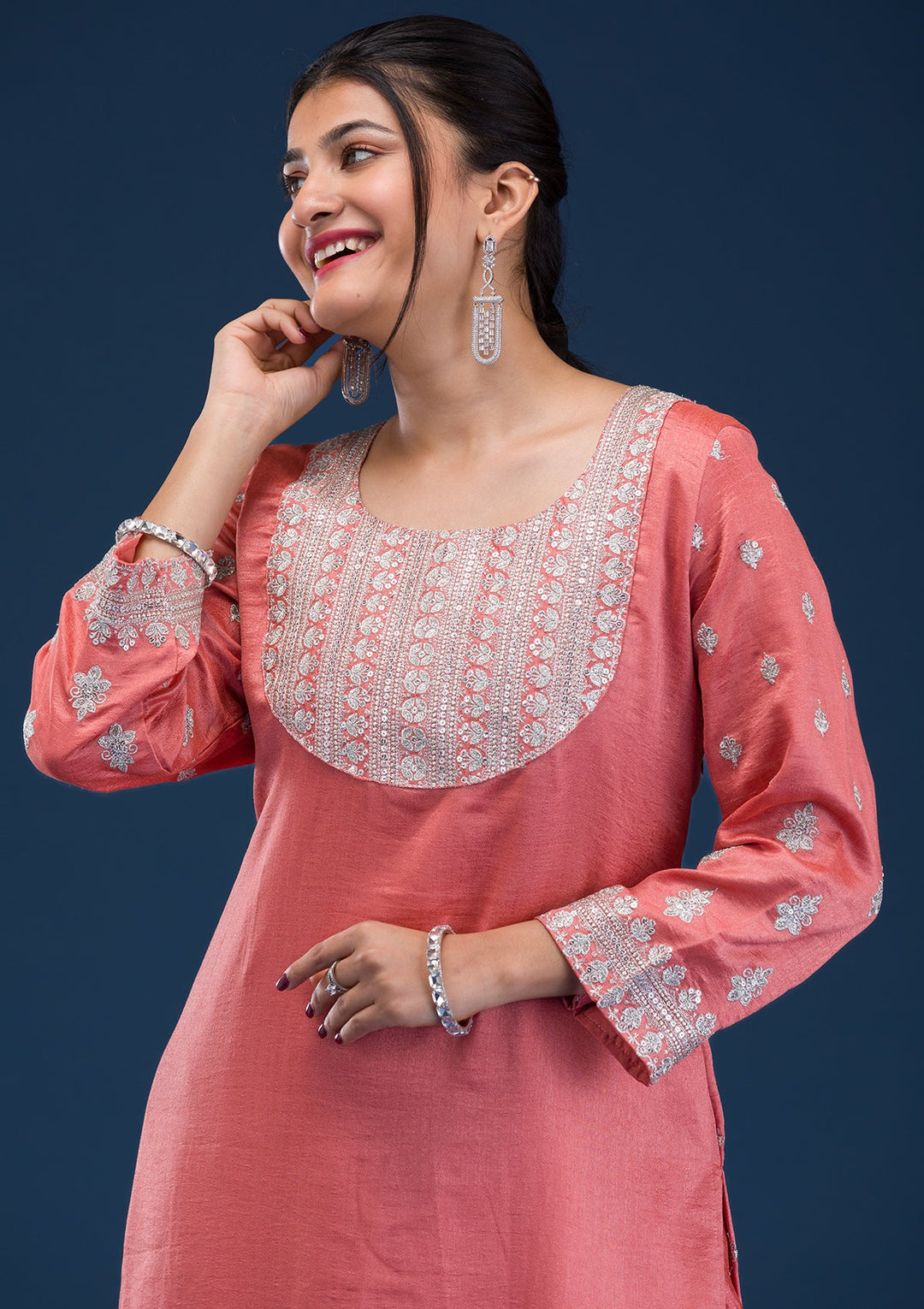 Peach Zariwork Art Silk Readymade Salwar Suit-Koskii