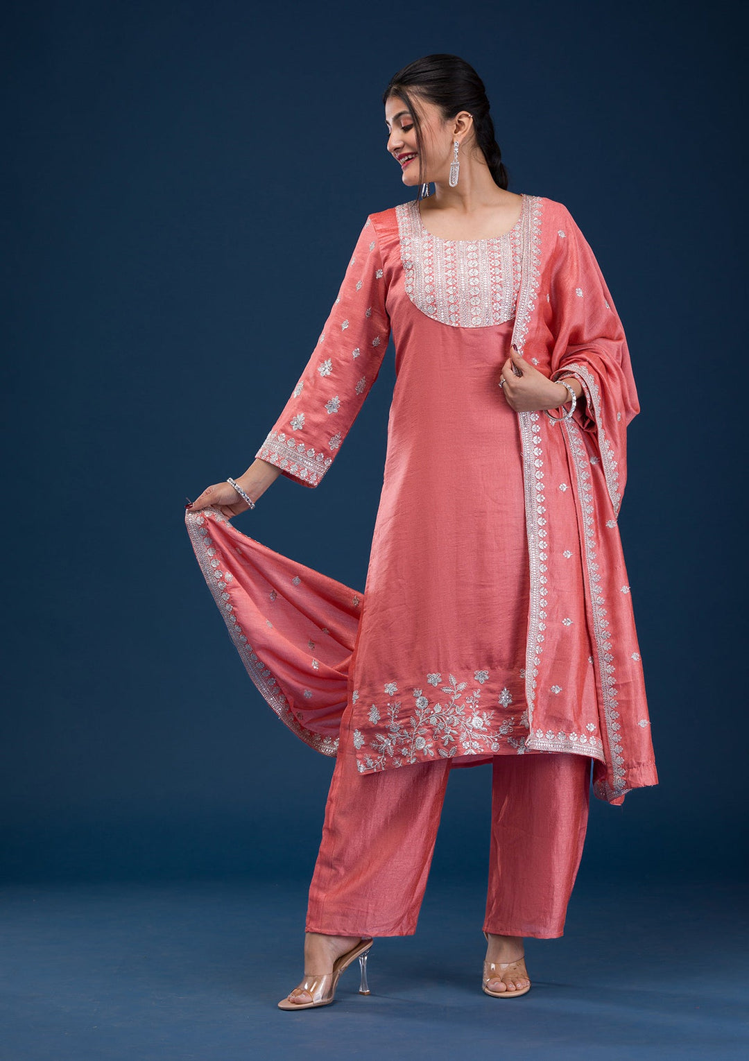 Peach Zariwork Art Silk Readymade Salwar Suit-Koskii