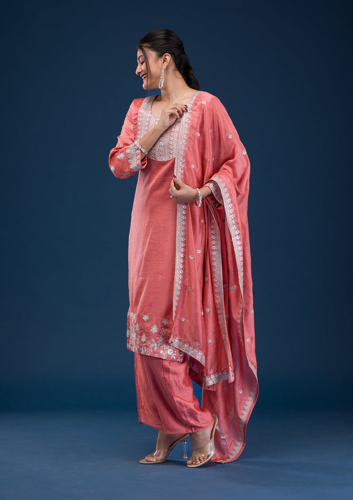 Peach Zariwork Art Silk Readymade Salwar Suit-Koskii