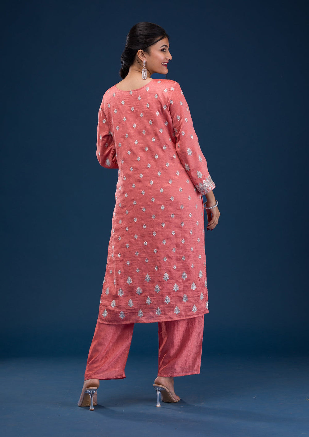 Peach Zariwork Art Silk Readymade Salwar Suit-Koskii