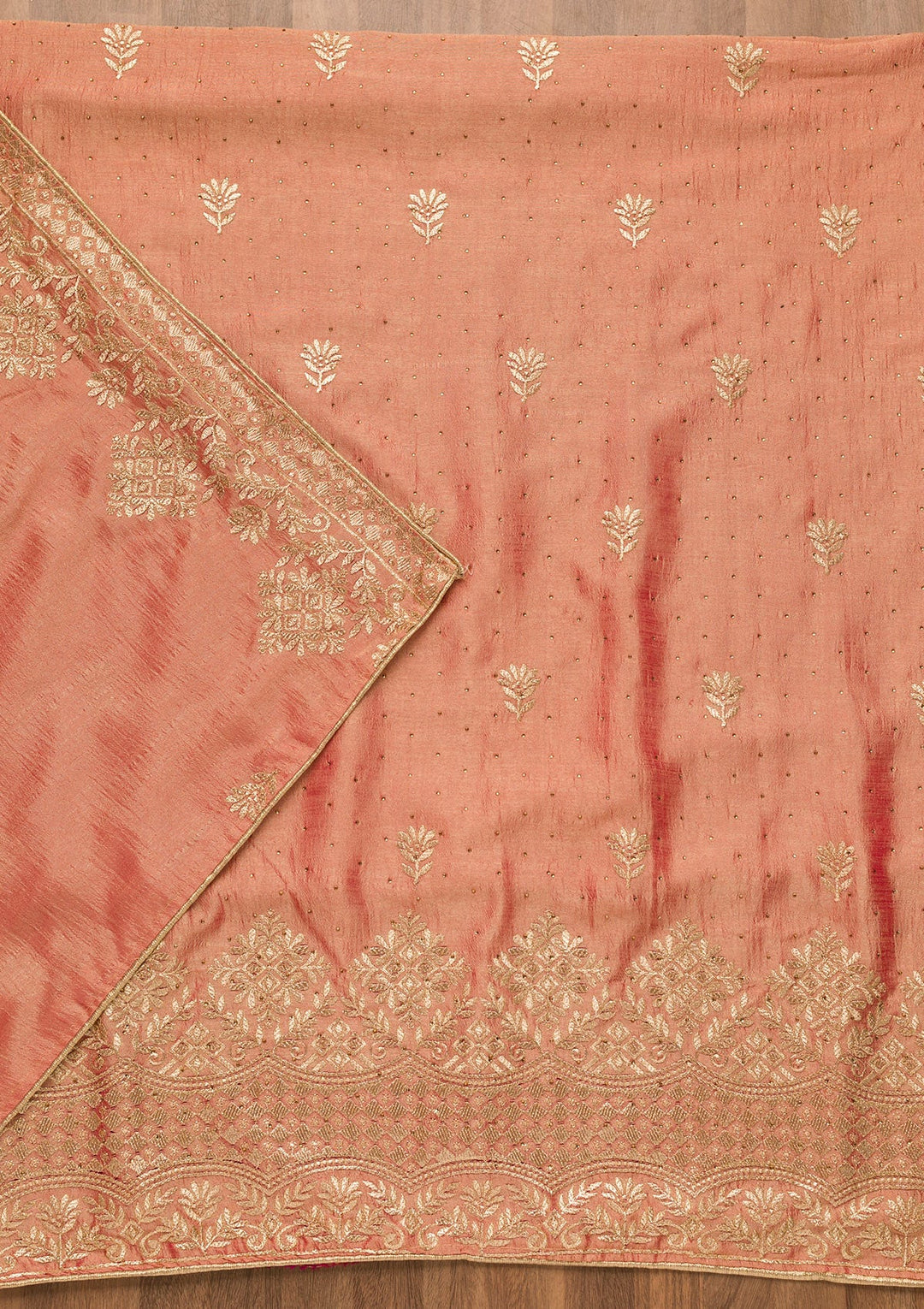 Peach Zariwork Art Silk Unstitched Salwar Suit-Koskii