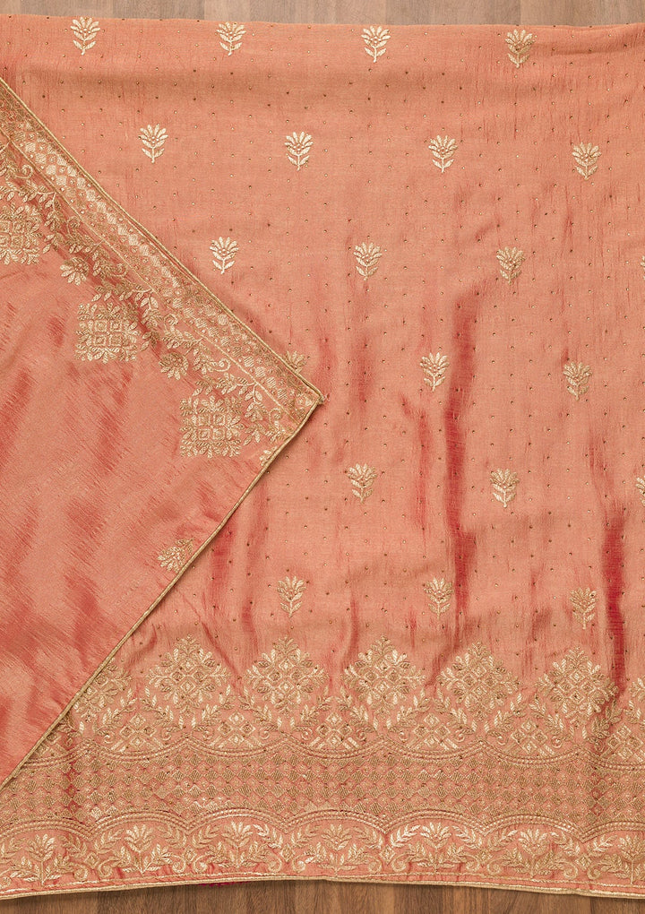 Peach Zariwork Art Silk Unstitched Salwar Suit-Koskii