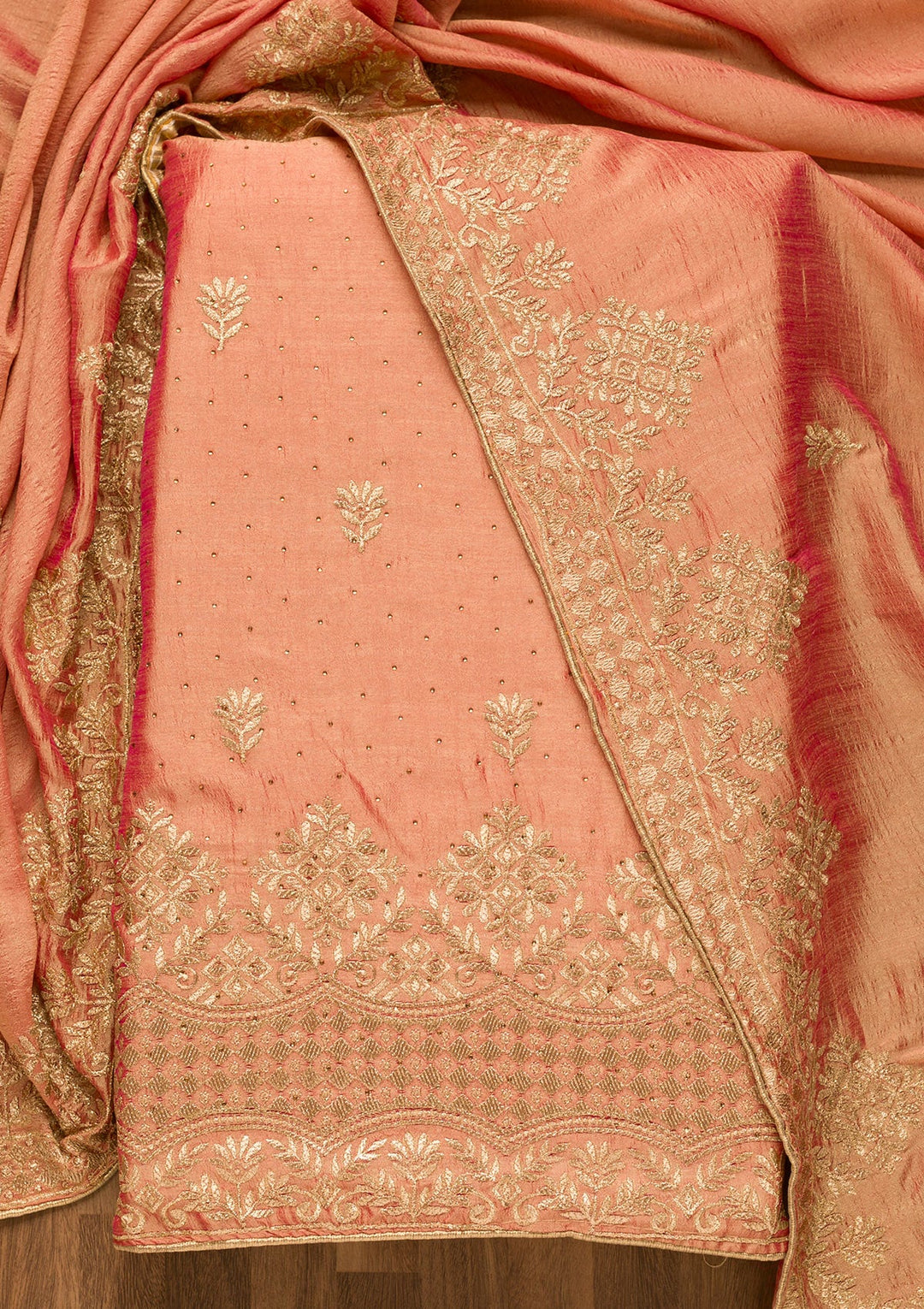 Peach Zariwork Art Silk Unstitched Salwar Suit-Koskii