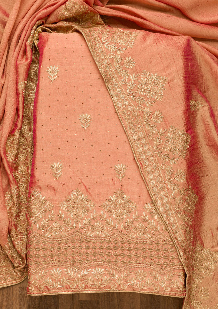 Peach Zariwork Art Silk Unstitched Salwar Suit-Koskii