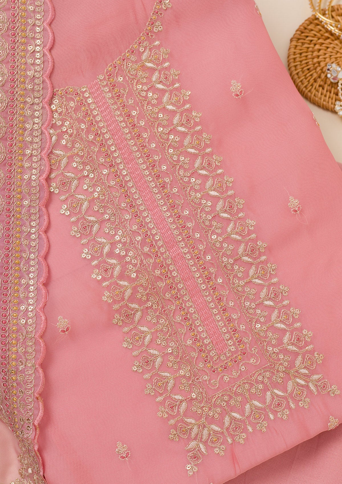 Peach Zariwork Art Silk Unstitched Salwar Suit-Koskii