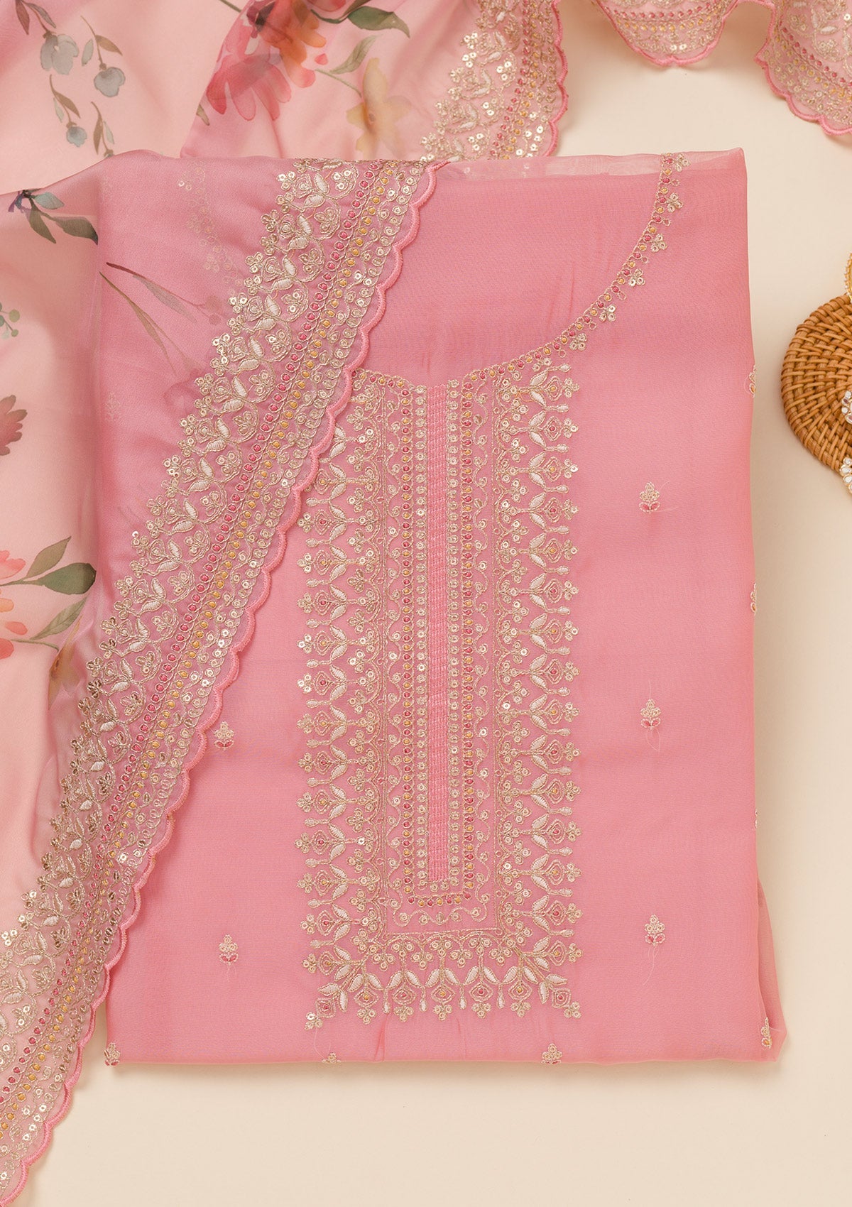 Peach Zariwork Art Silk Unstitched Salwar Suit-Koskii