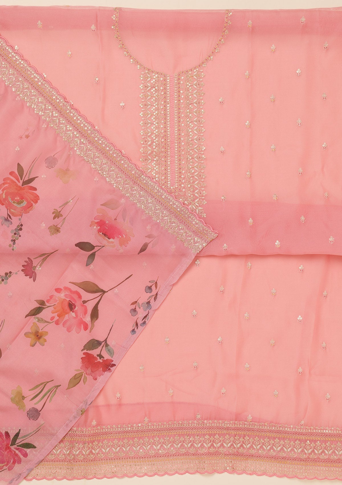 Peach Zariwork Art Silk Unstitched Salwar Suit-Koskii